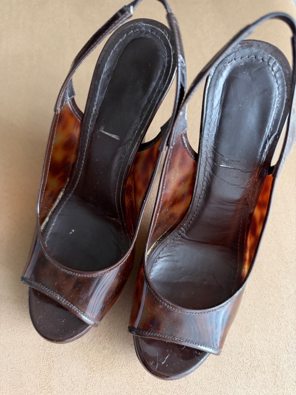 Yves Saint Laurent Tortoiseshell Slingback Peep-Toe Heels